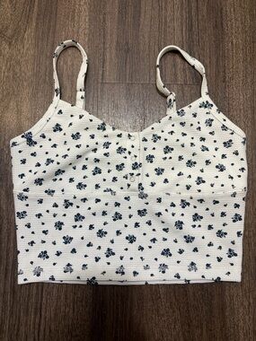 Garage White Floral Ribbed Cami with Navy Print